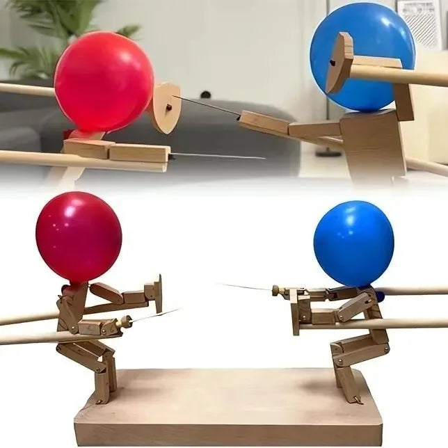 Balloon Bamboo Man Battle Wooden Fighter with Inflatable Head Fast-Paced Balloon Fight Wooden Bots Party Game for 2 Players Kids