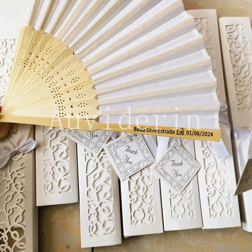 50Pcs Wedding Hand Fans with Gift Box Personalized Names as Souvenirs Children's Birthday Favors Custom Party Decor Supplies