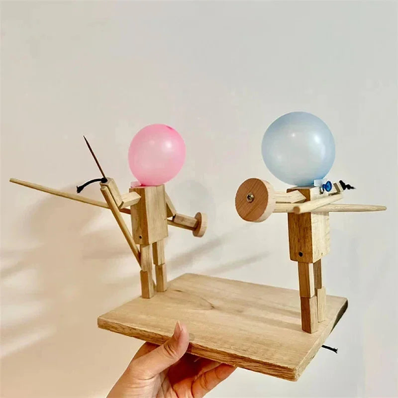 Balloon Bamboo Man Battle Wooden Fighter with Inflatable Head Fast-Paced Balloon Fight Wooden Bots Party Game for 2 Players Kids