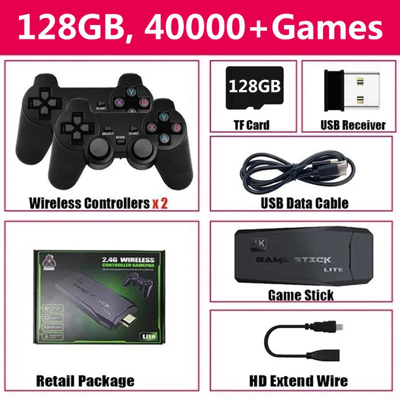 M8 4K Game Stick Mini Video Games Consoles Video Game Player Built-in 40000 Games with 2.4G Double Wireless Controller